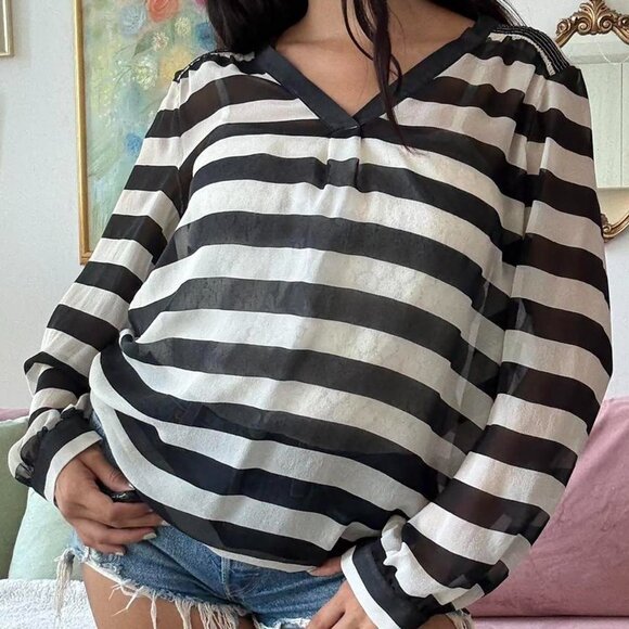 Black & White Striped Silk Longsleeve Top - Picture 2 of 7